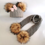 Mtcytea kids winter toddler baby kids faux fur butterfly ribbon tie hat cap beanie with 2 two double pom poms scarf ears hat for girl