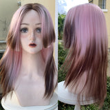 LANLAN Synthetic Pink Gradient Brown Front Lace Long Straight Wig Cosplay Everyday Party Lolita Lace Wig For Women