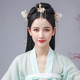 FORSEVEN Chinese Hair Accessories Women Flower Pearls Hairpins Long Tassel Headpieces Sticks Hair Comb Bridal Jewelry Sets