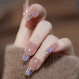 Mtcytea 24PCS Glitter Press On Nails Korean Style Heart Rhinestone Design Coffin Fake Nails Full Cover Acrylic Nails Tips for girls Gift