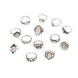 Mtcytea Bohemian Opal Stone Rings Sets For Women Antique Silver Color Carving Knuckle Ring Female Fashion Jewelry