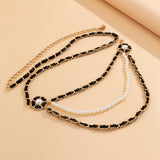 Mtcytea Trendy Elegant Simulated Pearls Belly Chains for Waist Women Jewelry Black Leather Temperament Body Chain Retro Accessories