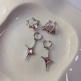 Personality Pink Zircon Love Heart Stud Earrings for Woman Sweet Cool Pink Zircon Cross Ear Clip Young Girl Jewelry Wholesale