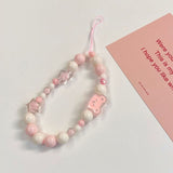 Simple Pink Bear Heart Strawberry Bowknot Flower Acrylic Imitation Pearl Beaded Phone Chain for Women Girls Sweet Accessories