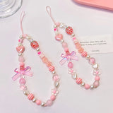 Simple Pink Bear Heart Strawberry Bowknot Flower Acrylic Imitation Pearl Beaded Phone Chain for Women Girls Sweet Accessories