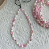 Simple Pink Bear Heart Strawberry Bowknot Flower Acrylic Imitation Pearl Beaded Phone Chain for Women Girls Sweet Accessories