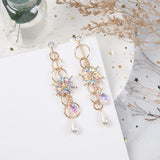 New Korean shiny Crystal flowers Trendy Women Drop Earrings senior long geometric metal circular fine pearl Earrings