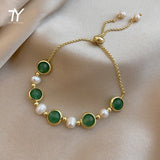 Neo Gothic Baroque Pearl Green Stone Round Bead Bracelet For Woman Fashion Korean Jewelry Party Girl's Gift Unusual Bracelet