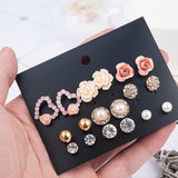 New Fashion Women 9pair/set Flower Pearl Alloy Ear Earring Cute Crystal Wedding Jewelry Gifts For Girl korean fashion