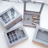 Velvet Gray Carrying Case with Glass Cover Jewelry Ring Display Box Tray Holder Storage Box Organizer Earrings Ring Bracelet