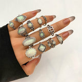 Mtcytea Bohemian Opal Stone Rings Sets For Women Antique Silver Color Carving Knuckle Ring Female Fashion Jewelry