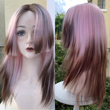 LANLAN Synthetic Pink Gradient Brown Front Lace Long Straight Wig Cosplay Everyday Party Lolita Lace Wig For Women