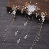 FORSEVEN Chinese Hair Accessories Women Flower Pearls Hairpins Long Tassel Headpieces Sticks Hair Comb Bridal Jewelry Sets