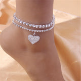 Ins Fashion Silver Color Rhinestone Double Heart Anklet for Women Bling Hollow Out Love Foot Ankle Leg Bracelet Chain Jewelry