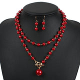 Red Simulated Pearl Bridal Wedding Jewelry Sets Round Pendant Necklace Earrings Sets Wedding Engagement Jewelry