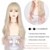 Lolita White Gold Highlight Pink Synthetic Big Wave Wig With Air Bangs Women's Cosplay Natural Heat Resistant Wig.