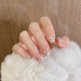 Mtcytea 24pcs Kawaii Press on Nails y2k False Nails Set Rhinestone Acrylic Artificial Nails with Design Reusable french Long Fake Tips