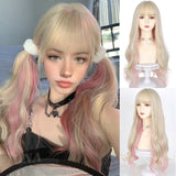 Lolita White Gold Highlight Pink Synthetic Big Wave Wig With Air Bangs Women's Cosplay Natural Heat Resistant Wig.