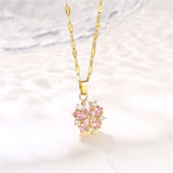 Korean Fashion Pink Crystal Sakura Pendant Stainless Steel Necklaces For Women Cute Romantic Female Wedding Jewelry Neck Chain