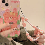 Simple Pink Bear Heart Strawberry Bowknot Flower Acrylic Imitation Pearl Beaded Phone Chain for Women Girls Sweet Accessories