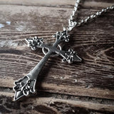 Large Detailed Cross Drill Pendant Jewel Necklace Silver Color Tone Gothic Punk Jewellery Fashion Charm Statement Women Gift(Red