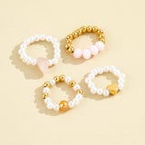 Mtcytea HI MAN 4 Pcs/Set Korean Mixed Handmade Pearl Stone Acrylic Small Round Bead Heart Ring Women Classic Elegant Dating Jewelry