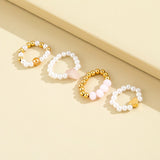 Mtcytea HI MAN 4 Pcs/Set Korean Mixed Handmade Pearl Stone Acrylic Small Round Bead Heart Ring Women Classic Elegant Dating Jewelry