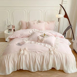 Korean Princess Lace Bow Bedding Set Beauty Solid Color Lace Ruffle Quilt Cover Luxury Girls Wedding Home Textiles