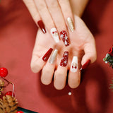 Mtcytea 24Pcs Christmas Elk White Snowflake Red Removable Wearable Artificial Fake Nails Press On Nail Art Glitter Reusable False Nails