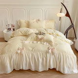 Korean Princess Lace Bow Bedding Set Beauty Solid Color Lace Ruffle Quilt Cover Luxury Girls Wedding Home Textiles