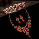 Mtcytea 3PCS Baroque Vintage Red Blue Crystal Bridal Jewelry Sets Rhinestone Tiaras Crown Necklace Earrings Set Wedding Accessory