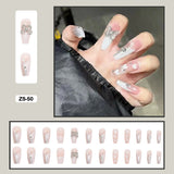 Mtcytea  24pcs Artificial Diamond Elegant Flesh-colored Nail Art With Bowknot Fake Nails Long False Nails With Glue With Wearing Tools