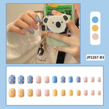 Mtcytea  24Pcs Fashion Short Round Head Fake press on Nail Cute MilkTea Color Shiny Gold Foil Blooming Gradient artificial nail with glue