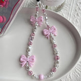 Simple Pink Bear Heart Strawberry Bowknot Flower Acrylic Imitation Pearl Beaded Phone Chain for Women Girls Sweet Accessories