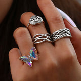 Vintage Silver Plated Cross Ring for Women Gothic Punk Steampunk Crying Face Butterfly Frog Ring Sets Party Fashion Jewelry