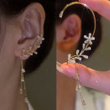 Fashion Sparkling Crystal Flower Ear Cuff Without Piercing Clip Earrings For Women Irregular Tassel Ear Clip Wedding Jewelry