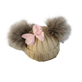 Mtcytea kids winter toddler baby kids faux fur butterfly ribbon tie hat cap beanie with 2 two double pom poms scarf ears hat for girl