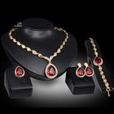 Women's Jewelry Set Wedding Party Water drop Red CZ Crystal Necklace Earrings Bracelet Ring Indian Gold Plated Jewelry Set