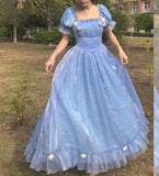 Vintage Women's Dress Elegant Fairy France Blue White Casual Retro y2k Party Midi Evening Dresses Sweet New Korean Princess