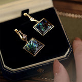 Retro AB Color Abalone Shell Hoop Earrings for Women Female 14K Gold Plated Copper Square Geometric Earring Daily Jewelry