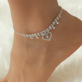 Ins Fashion Silver Color Rhinestone Double Heart Anklet for Women Bling Hollow Out Love Foot Ankle Leg Bracelet Chain Jewelry