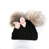 Mtcytea kids winter toddler baby kids faux fur butterfly ribbon tie hat cap beanie with 2 two double pom poms scarf ears hat for girl