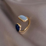 French New Retro Square Blue Oil Dripping Ring Fashion Temperament Simple Opening Ring Women&#39;s Jewelry