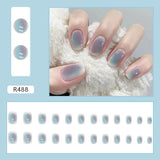 24Pcs/box Manicure Piece Blue Smudged Short Nail Piece Fake Nail Finished Detachable Nail Sticker Nail Decoration Accessories