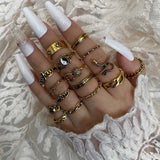 Bohemian Gold Color Chain Rings Set For Women Fashion Boho Moon Heart Butterfly Zircon Rings Party Trend Jewelry Gift