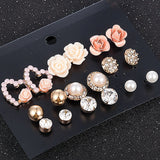 New Fashion Women 9pair/set Flower Pearl Alloy Ear Earring Cute Crystal Wedding Jewelry Gifts For Girl korean fashion