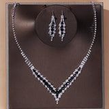 Elegant Blue Rhinestone Crystal Wedding Bridal Jewelry Set for Women Silver Plated V Shape Choker Necklace Earrings Set