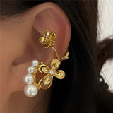 Gold Metal Pearl Flower Ear Cuff Earrings without Piercing Geometric Cartilage Earrings for Women Girl Jewelry