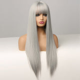 Cosplay Silver Gray Wig for Women Natural Long Silk Straight Hair Wigs With Bangs For Women Girl Heat Resistant Fiber