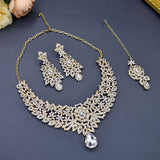 Mtcytea C30 Wedding Forehead Chain Necklace Earrings Set Dubai Jewelery Set Gifts for Women Indian African Bridal Hair Accessories